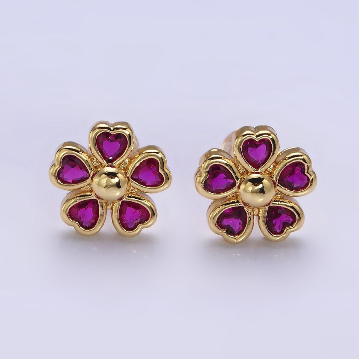16K Gold Filled 11.5mm Clear, Green, Fuchsia Flower Heart Petal Stud Earrings in Gold & Silver | AD-436~AD-441