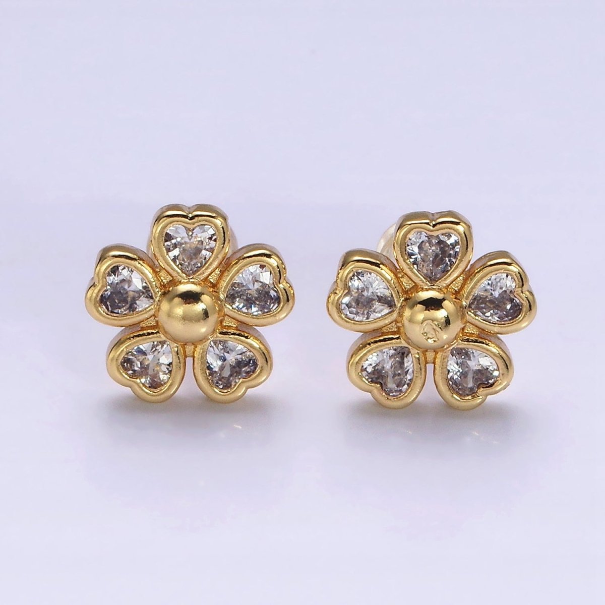 16K Gold Filled 11.5mm Clear, Green, Fuchsia Flower Heart Petal Stud Earrings in Gold & Silver | AD-436~AD-441