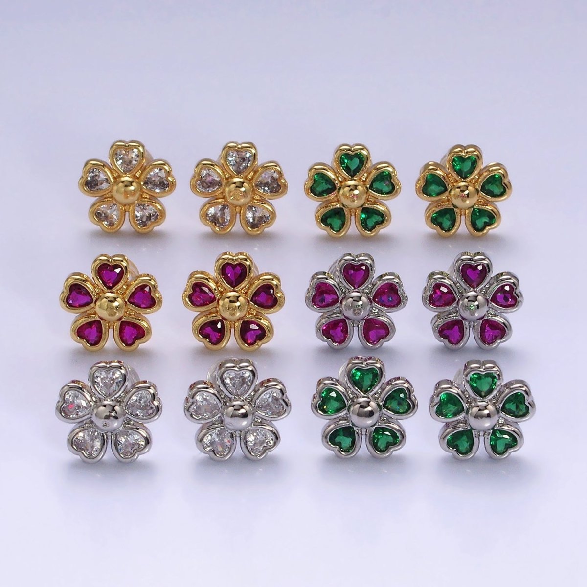 16K Gold Filled 11.5mm Clear, Green, Fuchsia Flower Heart Petal Stud Earrings in Gold & Silver | AD-436~AD-441