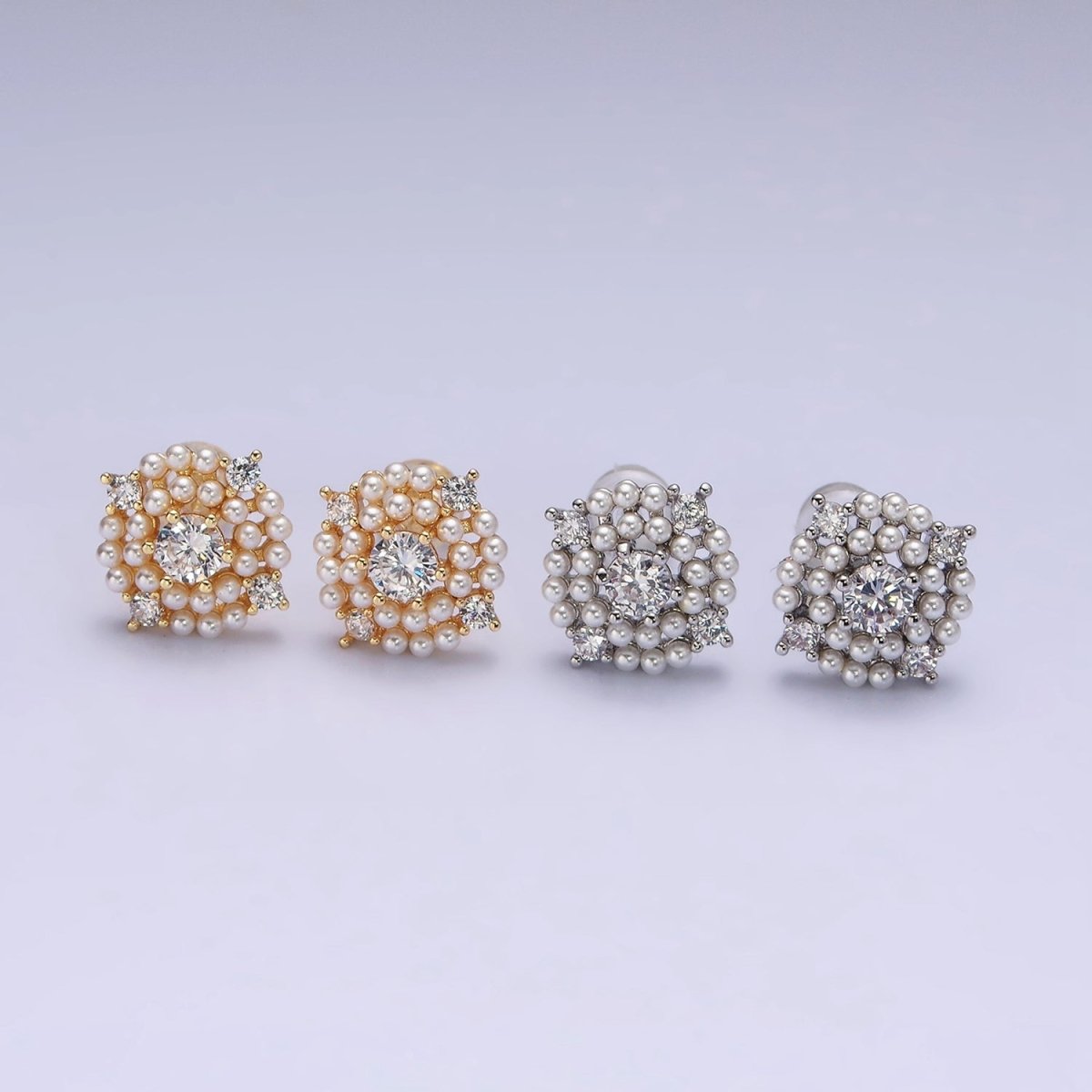 16K Gold Filled 13mm Pearl Lined Clear CZ Round Stud Earrings in Gold & Silver | AD-335 AD-336