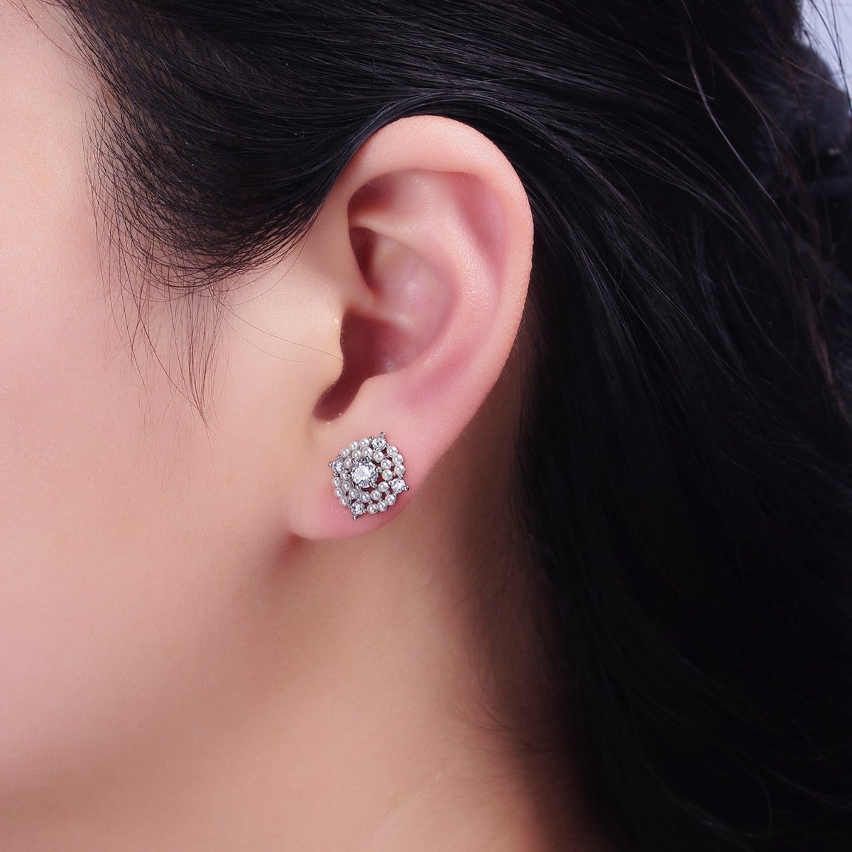16K Gold Filled 13mm Pearl Lined Clear CZ Round Stud Earrings in Gold & Silver | AD-335 AD-336