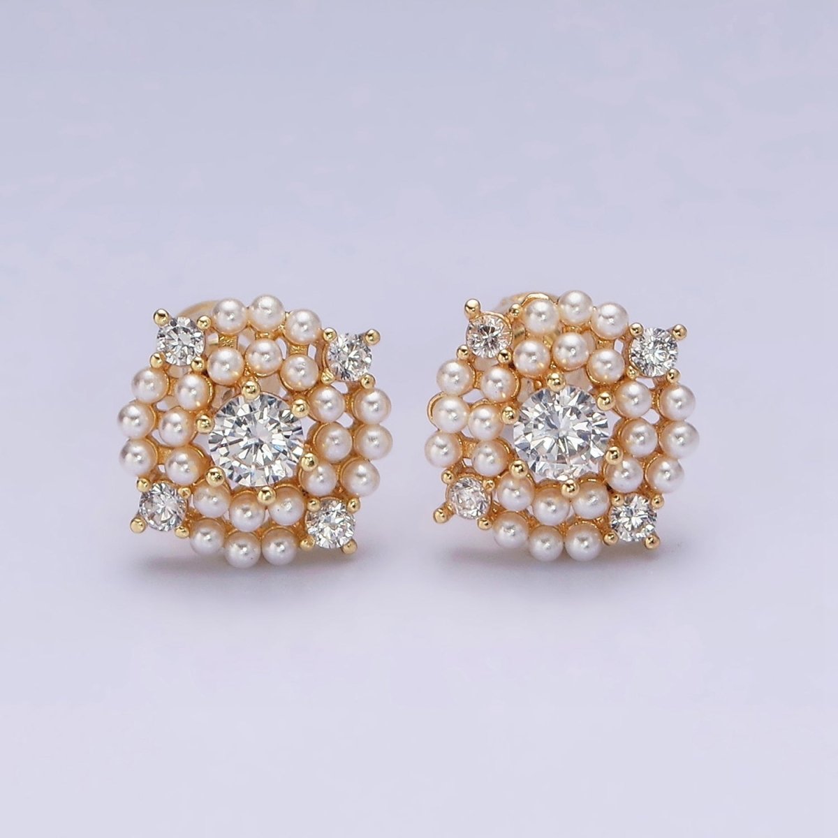 16K Gold Filled 13mm Pearl Lined Clear CZ Round Stud Earrings in Gold & Silver | AD-335 AD-336