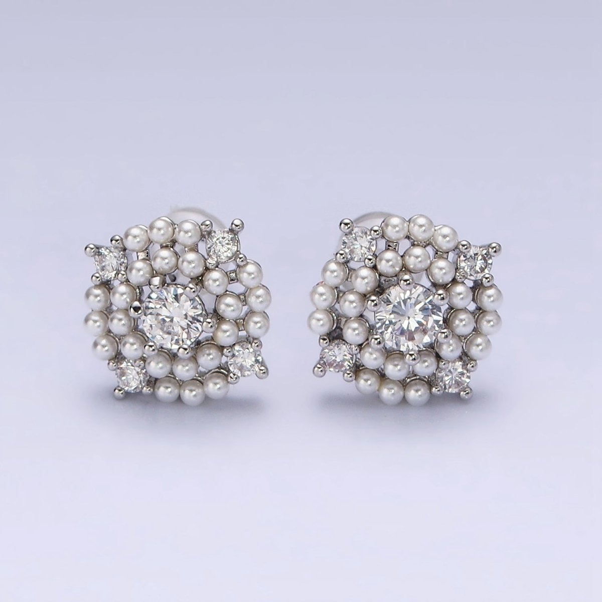 16K Gold Filled 13mm Pearl Lined Clear CZ Round Stud Earrings in Gold & Silver | AD-335 AD-336