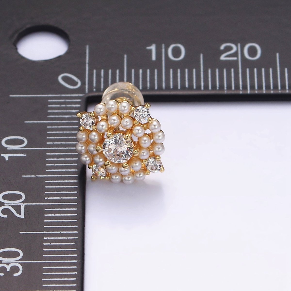 16K Gold Filled 13mm Pearl Lined Clear CZ Round Stud Earrings in Gold & Silver | AD-335 AD-336
