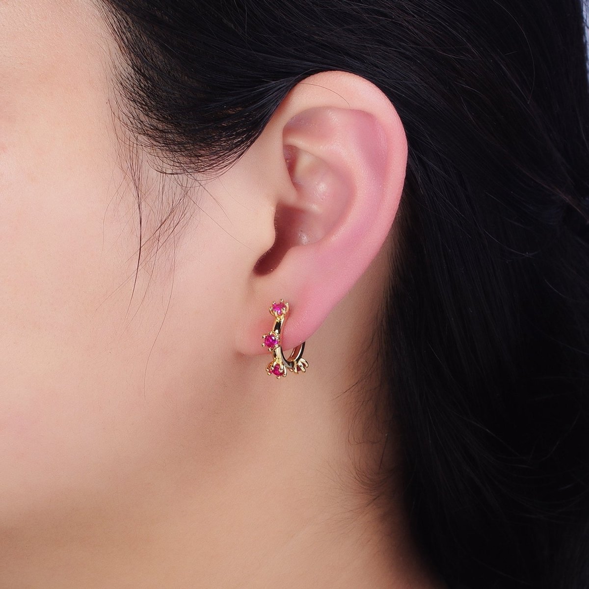 16K Gold Filled 15.5mm Fuchsia CZ Dotted Outline Huggie Earrings in Silver & Gold | AB654 AD1300