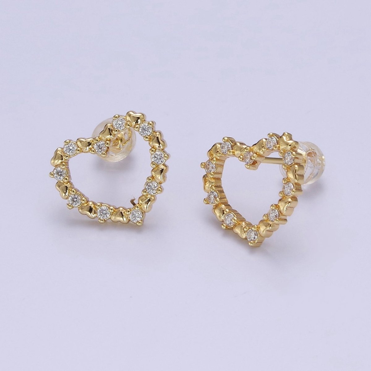 16K Gold Filled 15mm Clear CZ Lined Open Heart Stud Earrings | V121