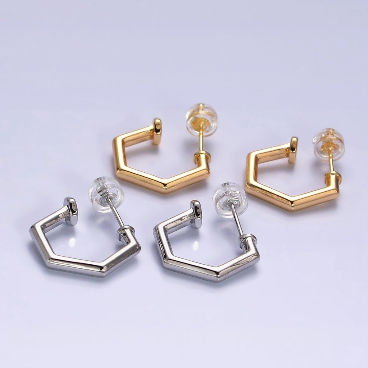 16K Gold Filled 16mm Hexagonal Nail C-Shaped Hoop Earrings in Gold & Silver | AD1550 AD1551