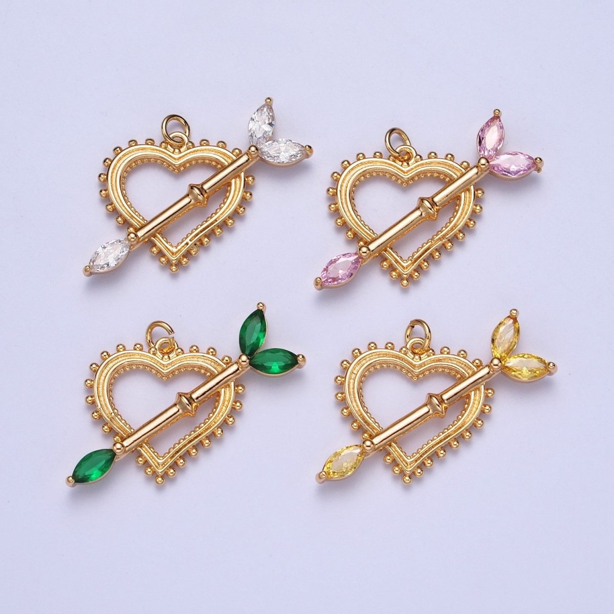 16K Gold Filled 17mm, 20mm Heart Cupid's Arrow Pink, Clear, Green, Yellow Marquise Charm AG-013~AG-020