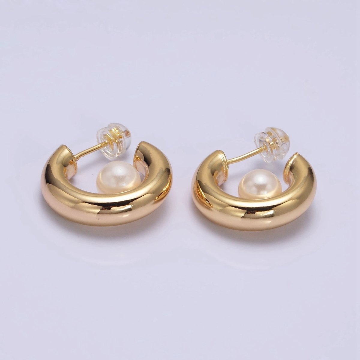 16K Gold Filled 20mm Chubby Round White Pearl C-Shaped Hoop Earrings in Gold & Silver | AE-572 AE-573
