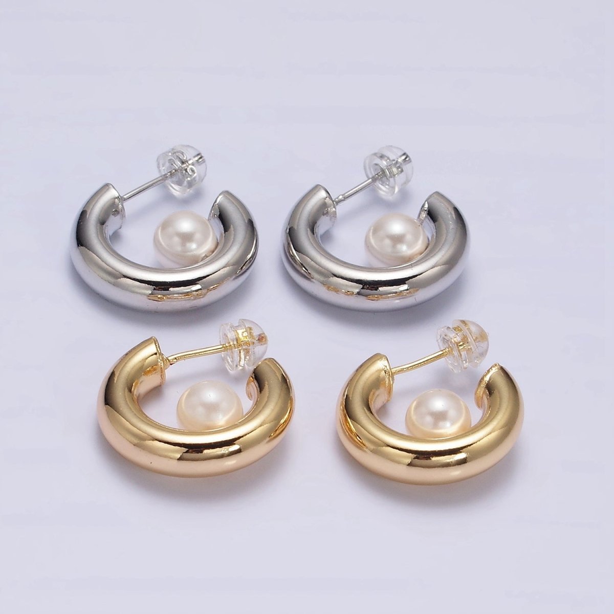 16K Gold Filled 20mm Chubby Round White Pearl C-Shaped Hoop Earrings in Gold & Silver | AE-572 AE-573