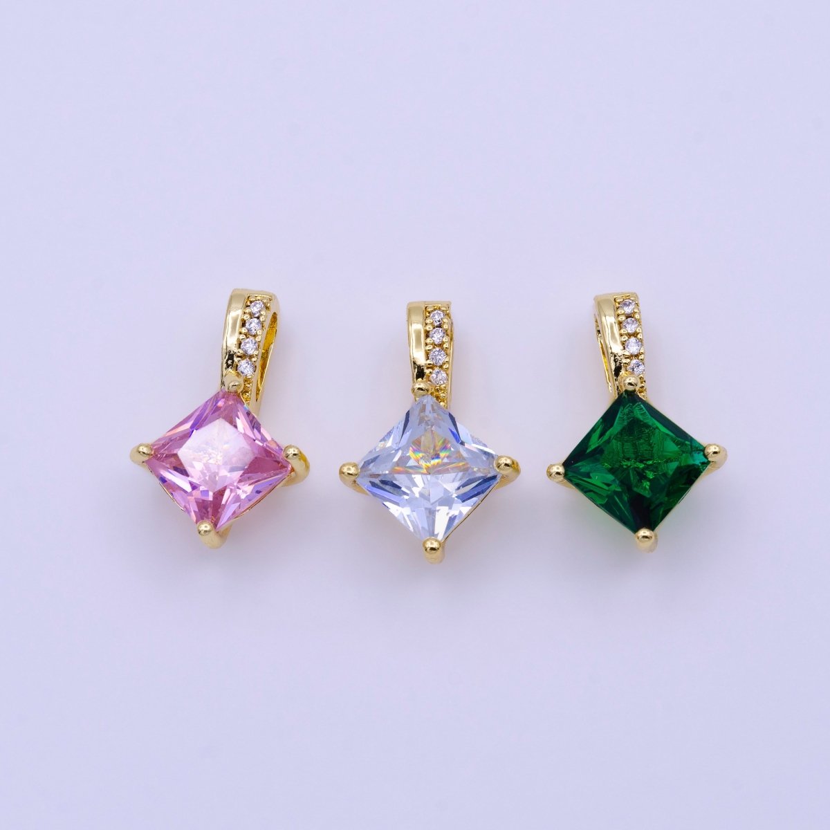 16K Gold Filled 20mm Clear, Pink, Green Rhombus CZ Micro Paved Bail Pendant | AA417 - AA419