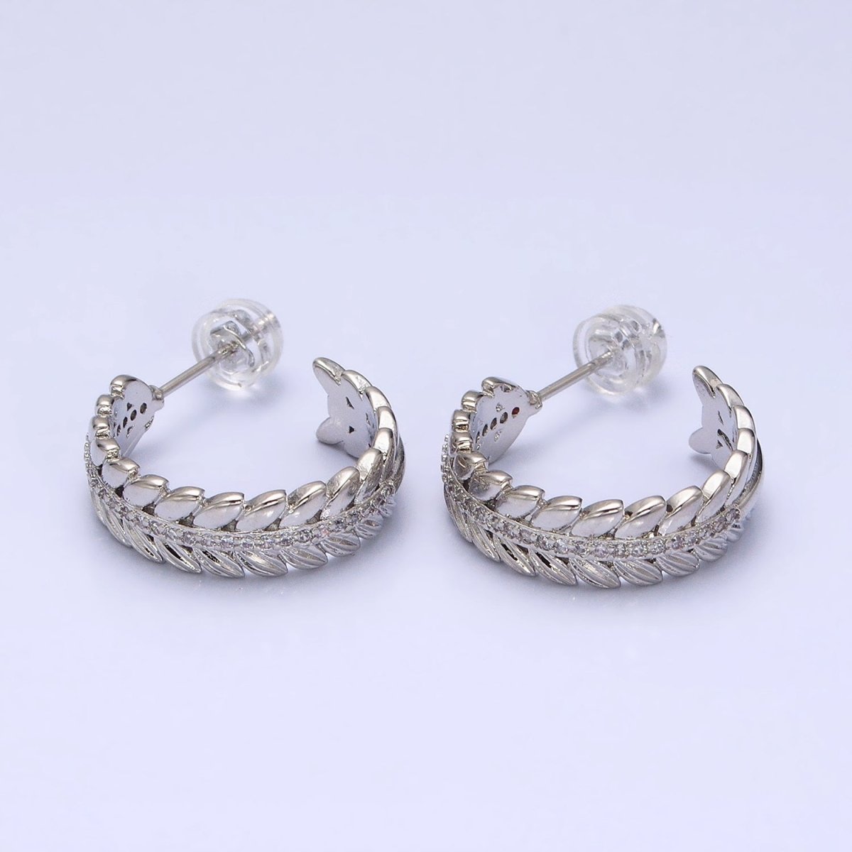 16K Gold Filled 20mm Paddy Wheat Palm Leaf Micro Paved C-Shaped Hoop Earrings in Gold & Silver | AD849 AD850