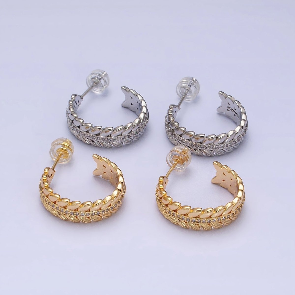 16K Gold Filled 20mm Paddy Wheat Palm Leaf Micro Paved C-Shaped Hoop Earrings in Gold & Silver | AD849 AD850
