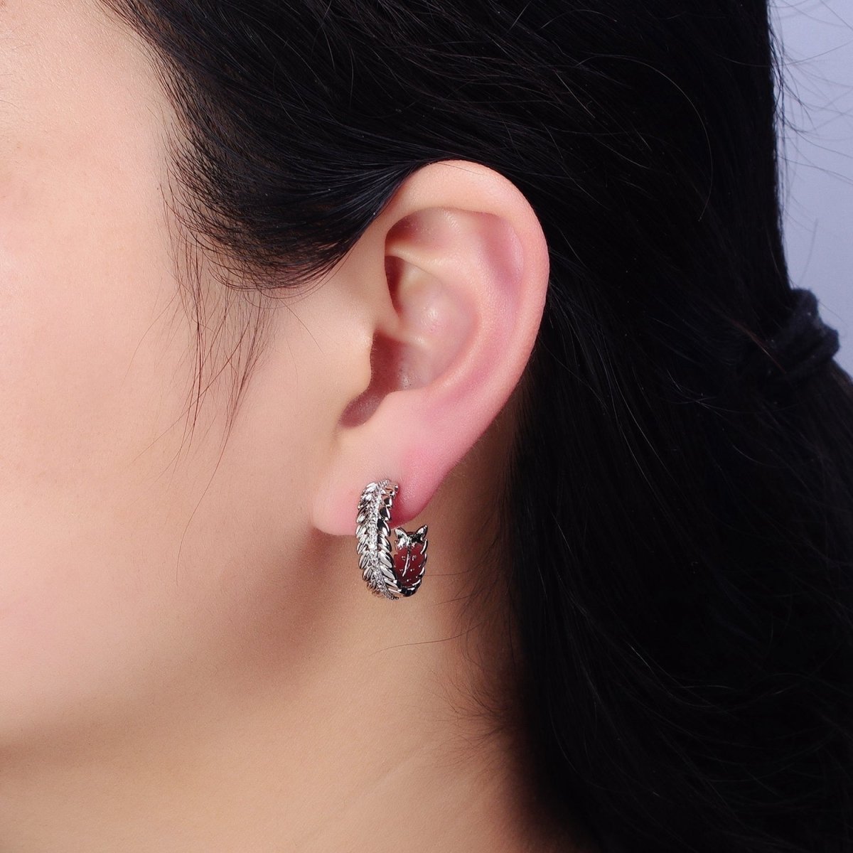 16K Gold Filled 20mm Paddy Wheat Palm Leaf Micro Paved C-Shaped Hoop Earrings in Gold & Silver | AD849 AD850