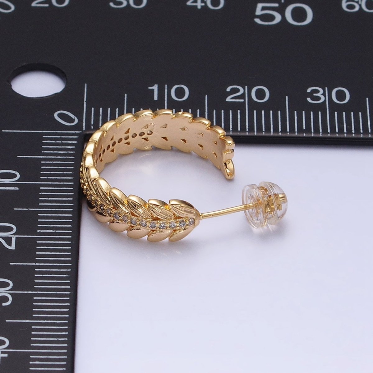 16K Gold Filled 20mm Paddy Wheat Palm Leaf Micro Paved C-Shaped Hoop Earrings in Gold & Silver | AD849 AD850
