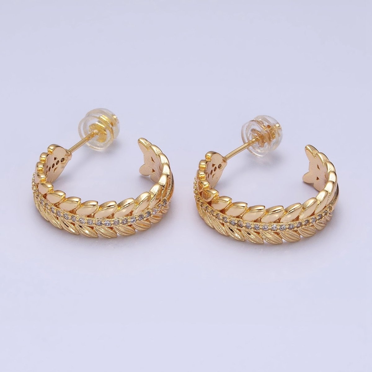 16K Gold Filled 20mm Paddy Wheat Palm Leaf Micro Paved C-Shaped Hoop Earrings in Gold & Silver | AD849 AD850