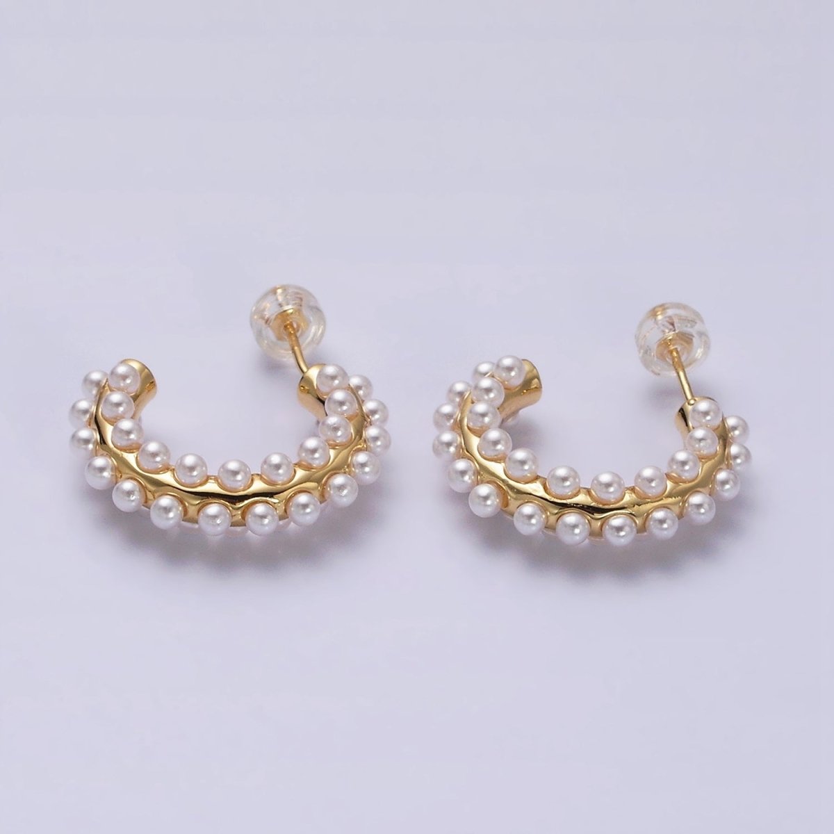 16K Gold Filled 20mm Pearl Lined J-Shaped Hoop Earrings in Gold & Silver | AD-371 AD-372
