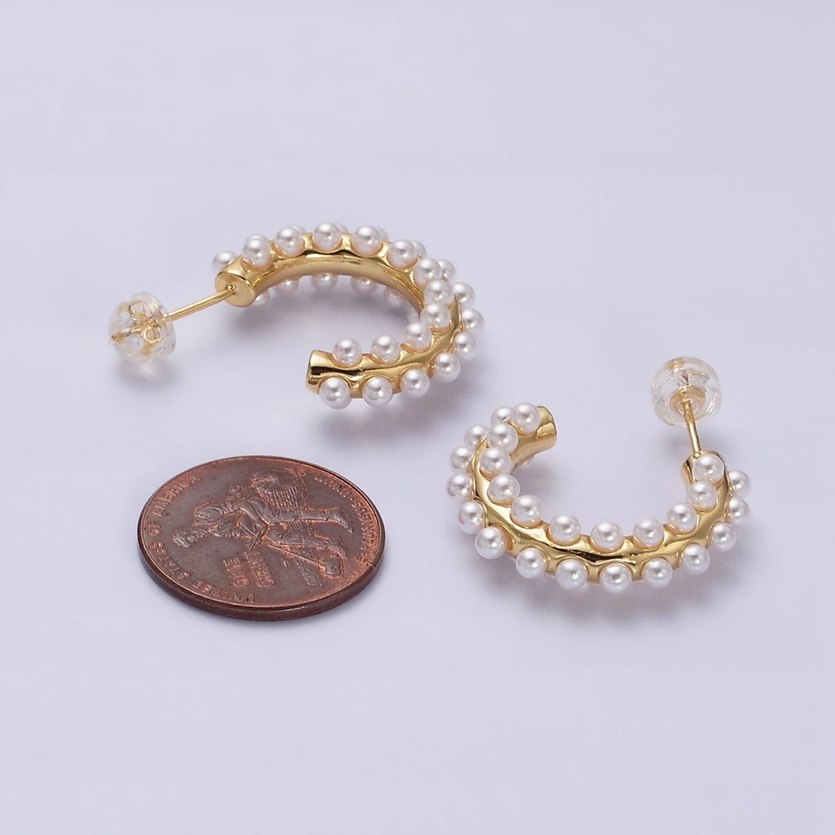16K Gold Filled 20mm Pearl Lined J-Shaped Hoop Earrings in Gold & Silver | AD-371 AD-372