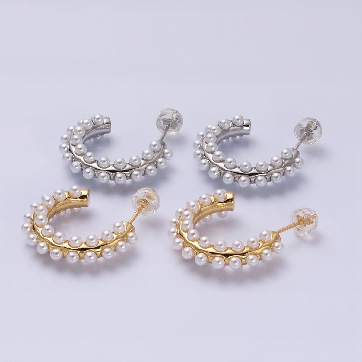 16K Gold Filled 20mm Pearl Lined J-Shaped Hoop Earrings in Gold & Silver | AD-371 AD-372