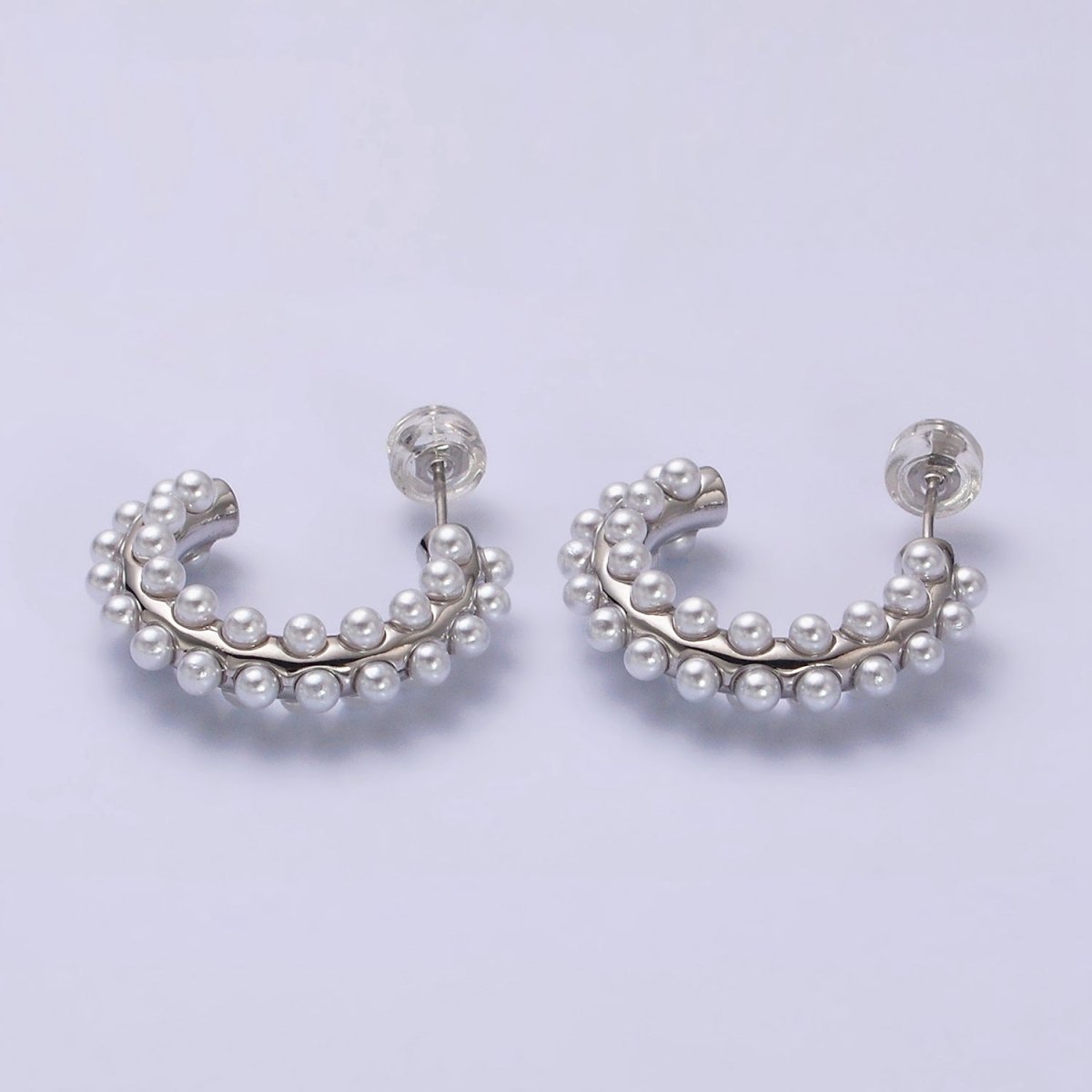 16K Gold Filled 20mm Pearl Lined J-Shaped Hoop Earrings in Gold & Silver | AD-371 AD-372