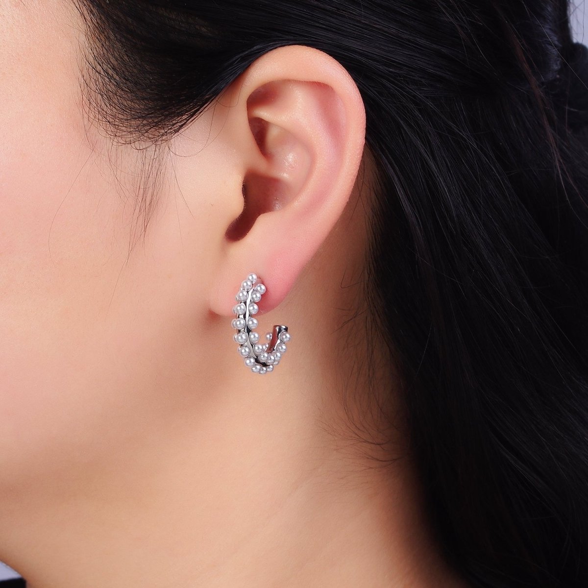16K Gold Filled 20mm Pearl Lined J-Shaped Hoop Earrings in Gold & Silver | AD-371 AD-372