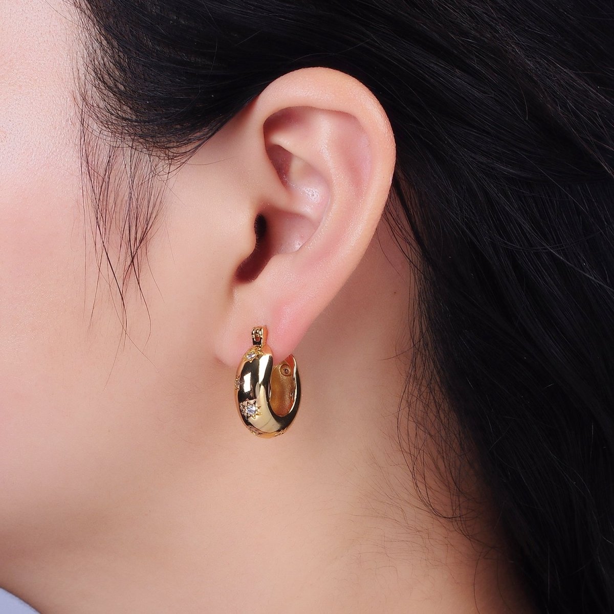 16K Gold Filled 20mm Round Dome Celestial Stars CZ French Lock Latch Hoop Earrings in Gold | AE627