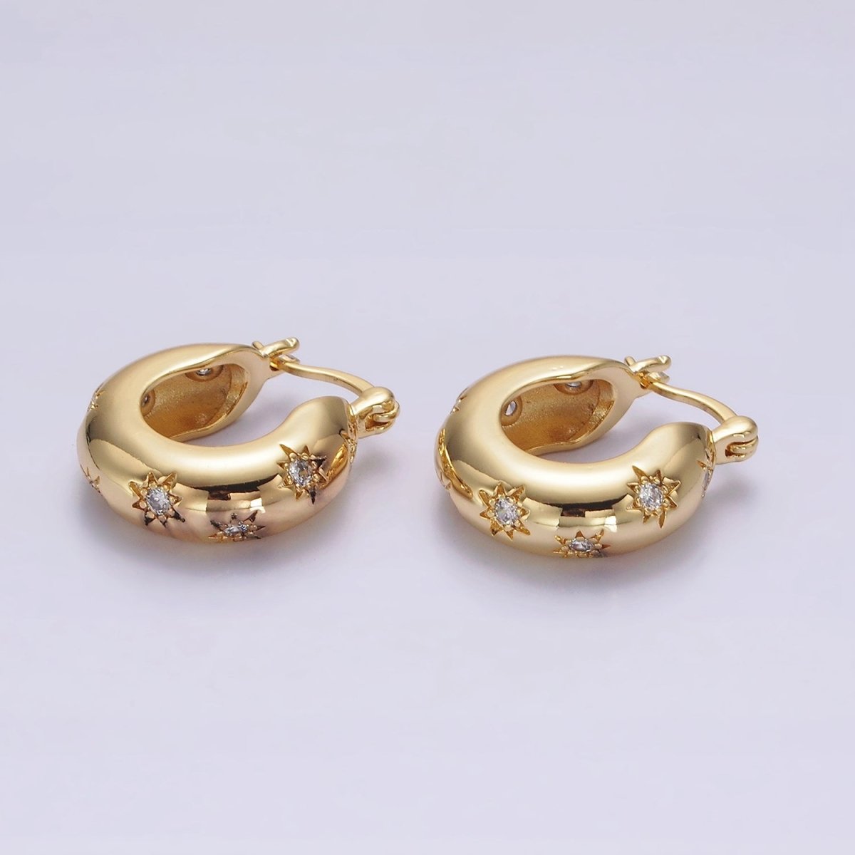 16K Gold Filled 20mm Round Dome Celestial Stars CZ French Lock Latch Hoop Earrings in Gold | AE627