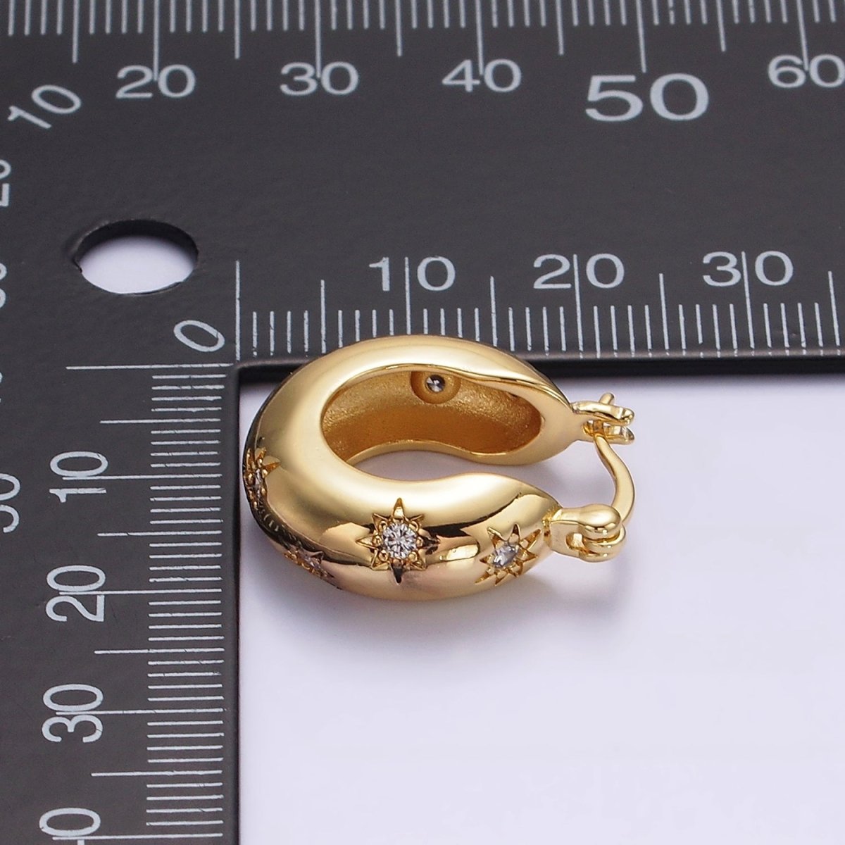 16K Gold Filled 20mm Round Dome Celestial Stars CZ French Lock Latch Hoop Earrings in Gold | AE627