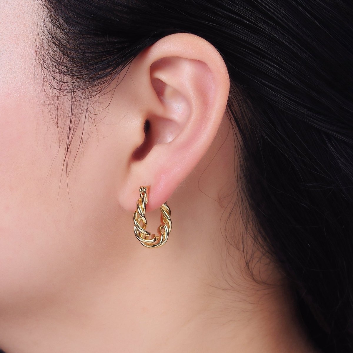 16K Gold Filled 20mm Twisted Earring Statement Rope French Lock Latch Hoop Earrings | AE632