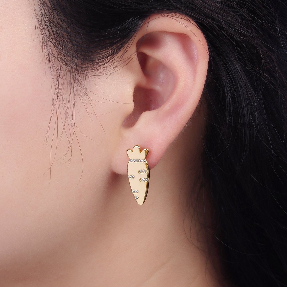 16K Gold Filled 23mm Clear Micro Paved CZ Carrot Fruit Stud Earrings | V050