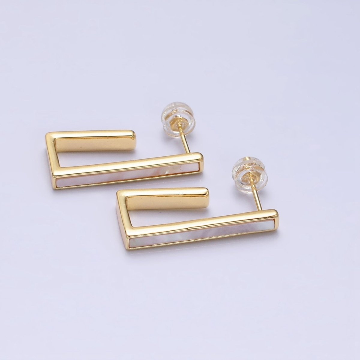 16K Gold Filled 24.5mm Shell Pearl Lined Boxy J-Shaped Hoop Earrings in Gold & Silver | AD-333 AD-334