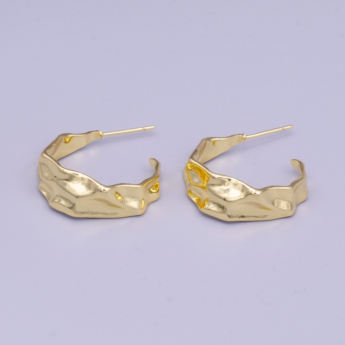 16K Gold Filled 25.5mm Hammered Abstract C-Shaped Hoop Earrings | AE053