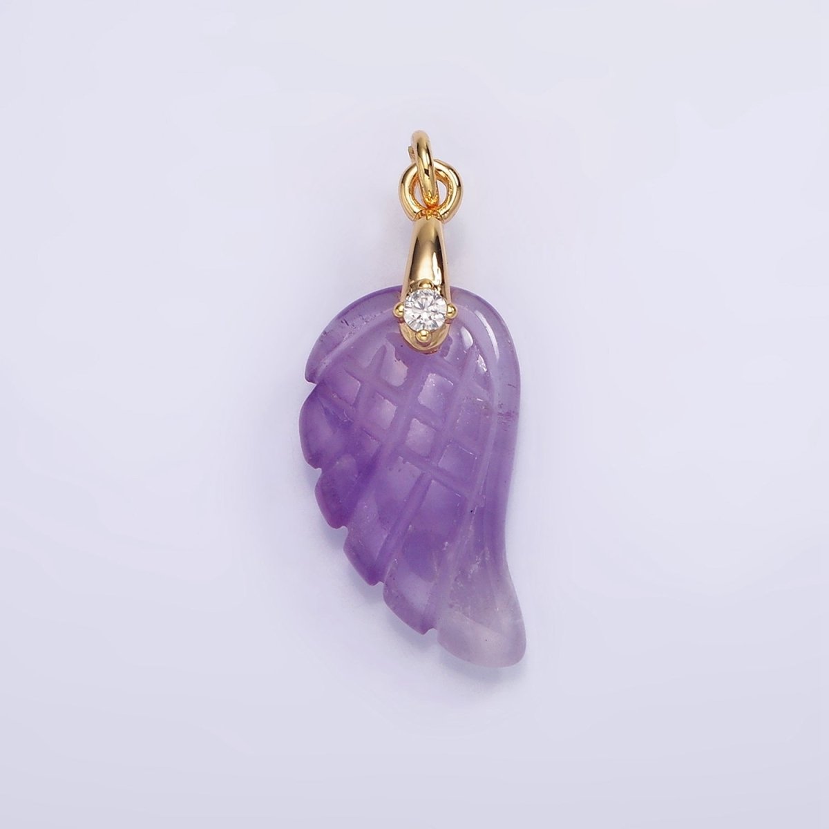 16K Gold Filled 25mm Amethyst Feather Wings CZ Bail Charm | AG298