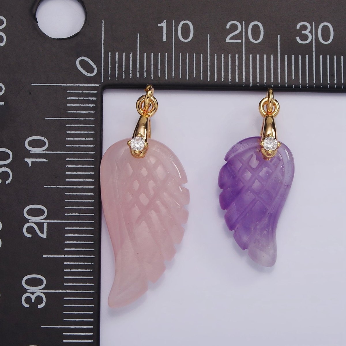 16K Gold Filled 25mm Amethyst Feather Wings CZ Bail Charm | AG298