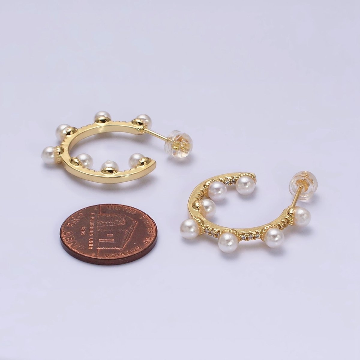 16K Gold Filled 25mm C-Shaped Dotted Pearl Lined Micro Paved CZ Hoop Earrings in Gold & Silver | AD1171 AD1172