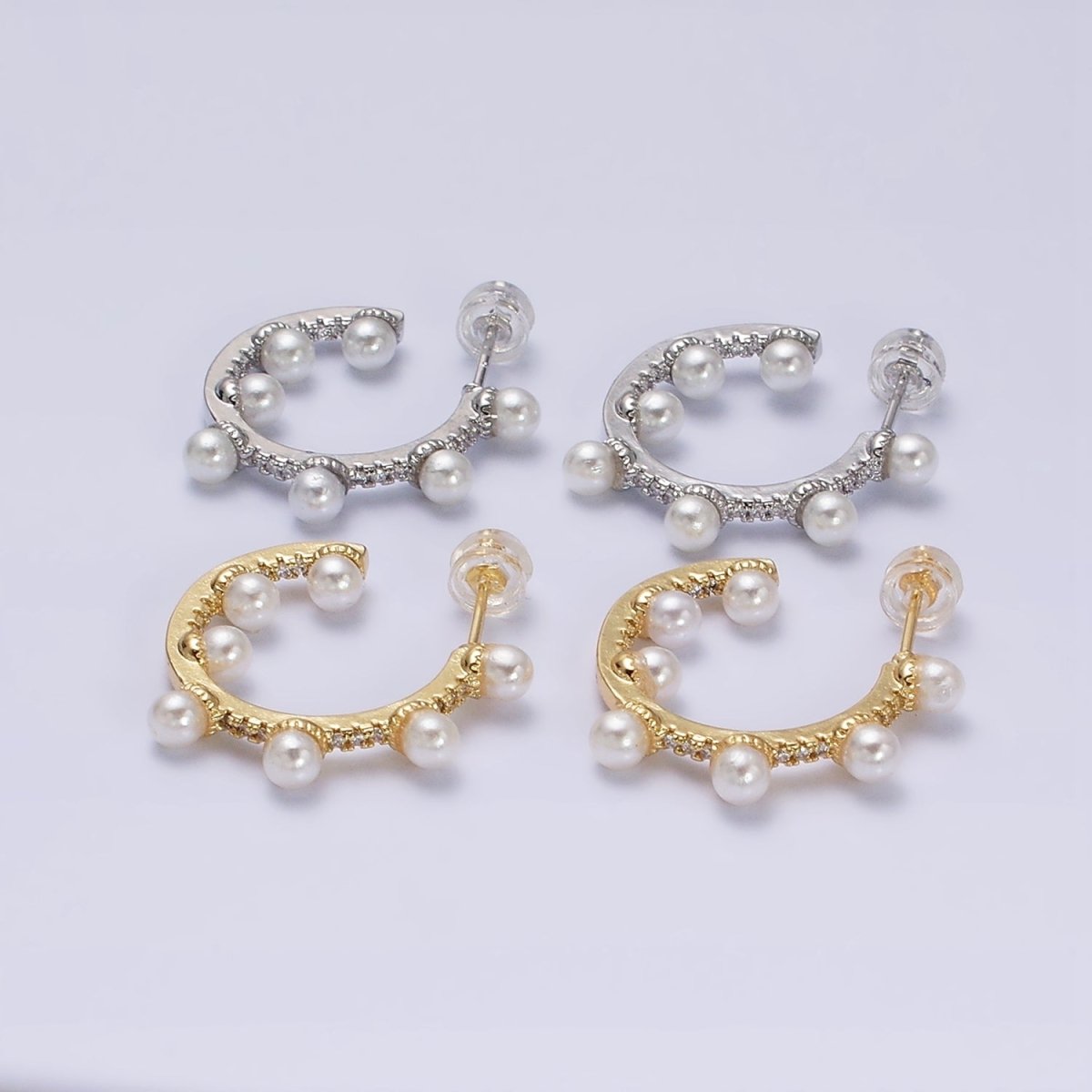 16K Gold Filled 25mm C-Shaped Dotted Pearl Lined Micro Paved CZ Hoop Earrings in Gold & Silver | AD1171 AD1172