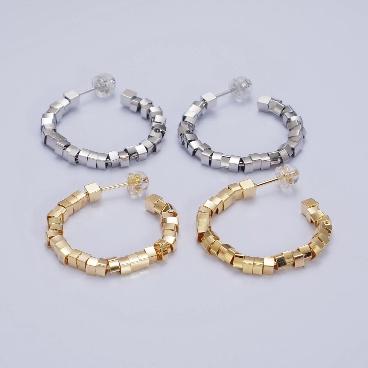 16K Gold Filled 25mm Cube Bead C-Shaped Hoop Earrings in Gold & Silver | AE027 AE028
