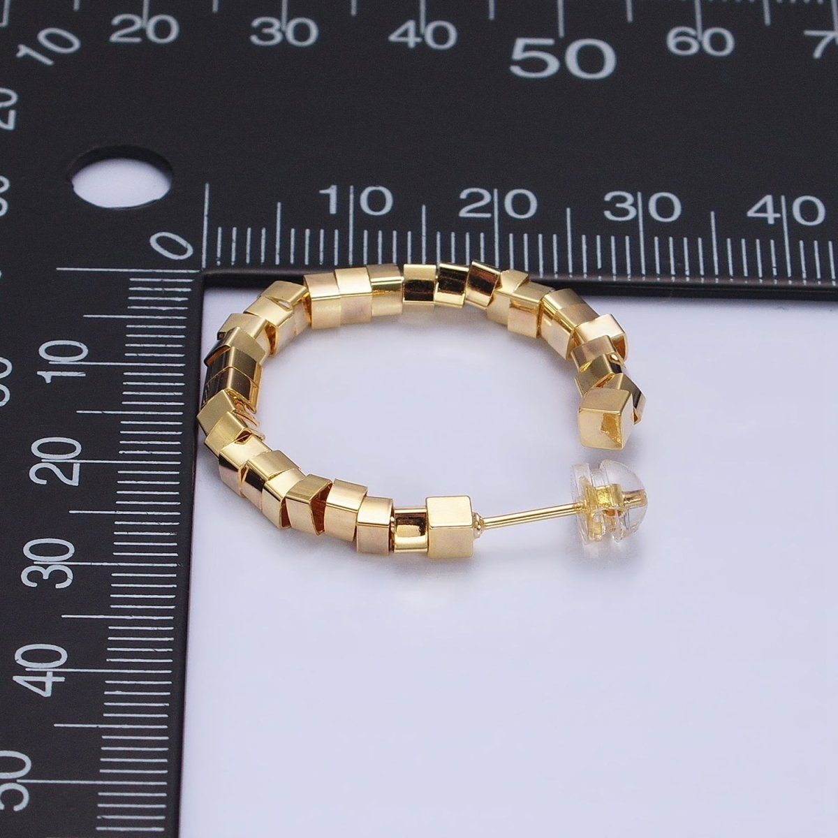 16K Gold Filled 25mm Cube Bead C-Shaped Hoop Earrings in Gold & Silver | AE027 AE028