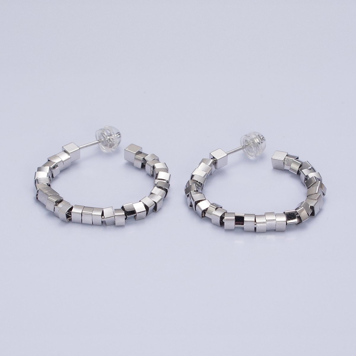 16K Gold Filled 25mm Cube Bead C-Shaped Hoop Earrings in Gold & Silver | AE027 AE028