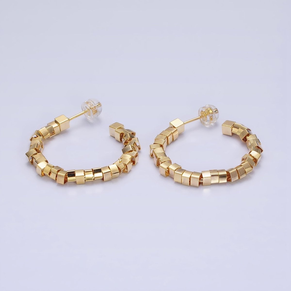16K Gold Filled 25mm Cube Bead C-Shaped Hoop Earrings in Gold & Silver | AE027 AE028