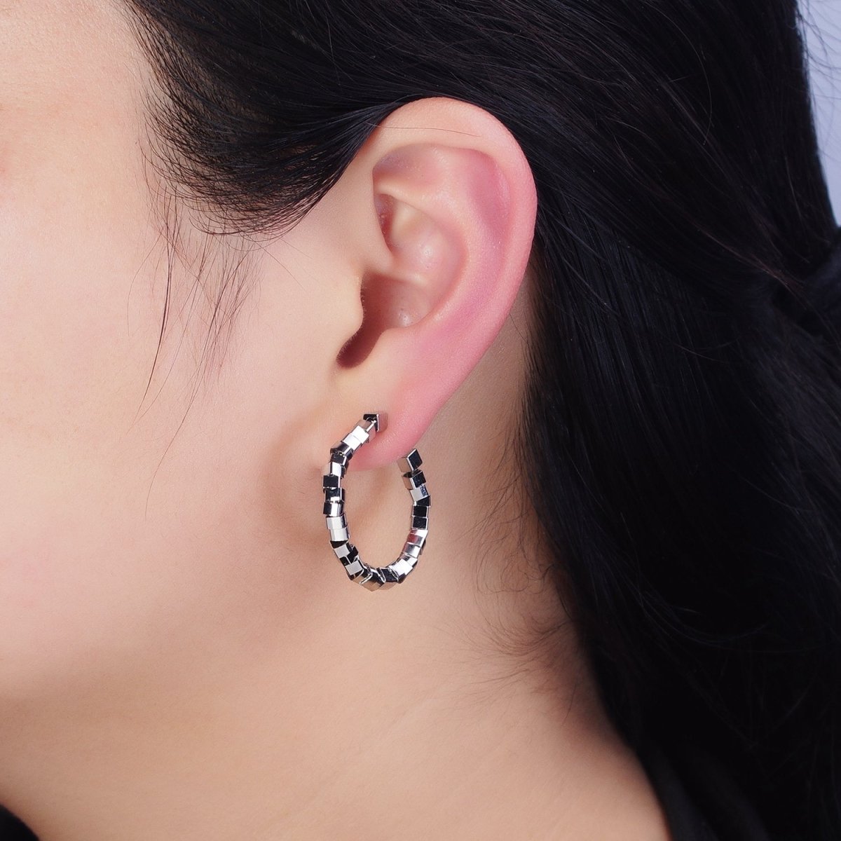 16K Gold Filled 25mm Cube Bead C-Shaped Hoop Earrings in Gold & Silver | AE027 AE028