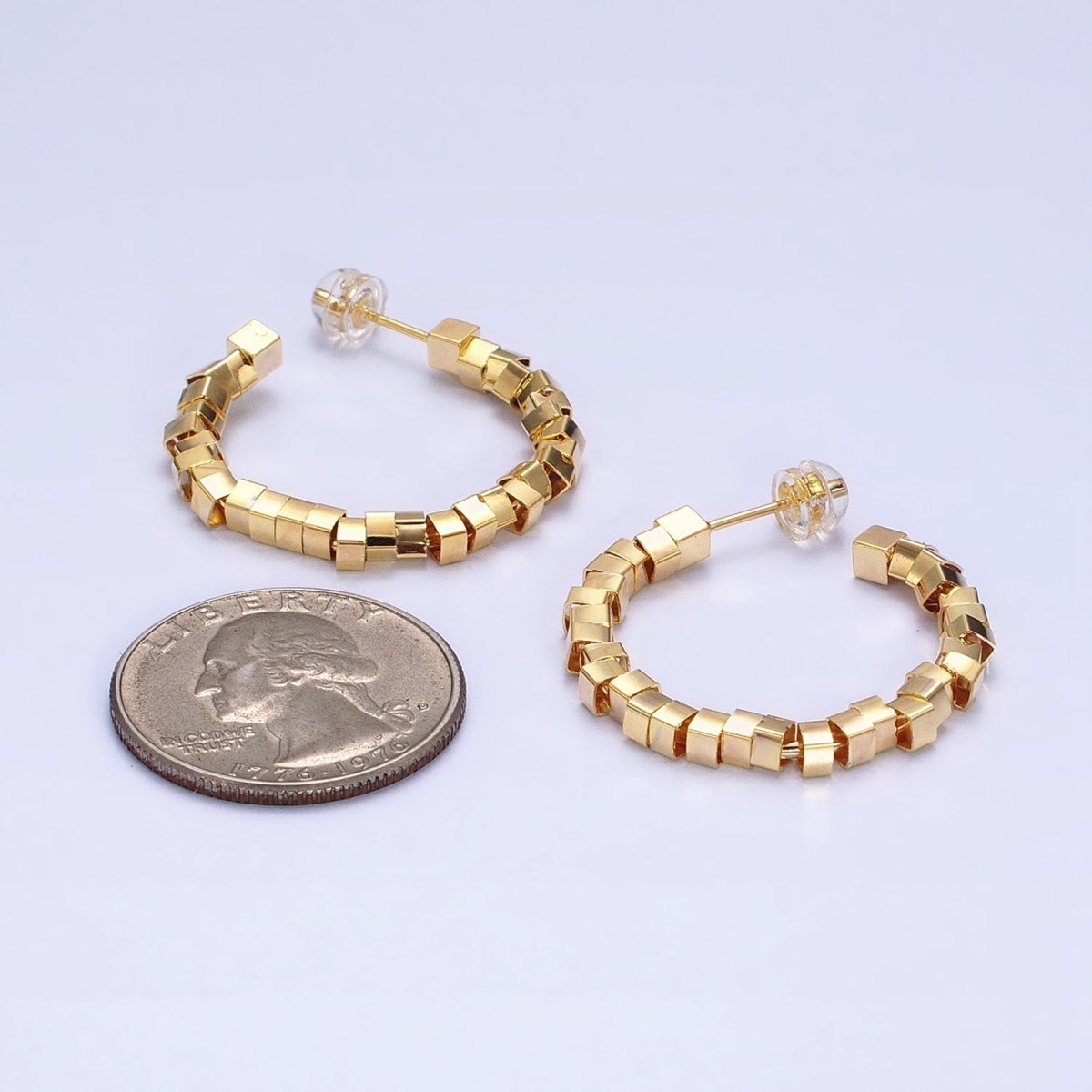 16K Gold Filled 25mm Cube Bead C-Shaped Hoop Earrings in Gold & Silver | AE027 AE028