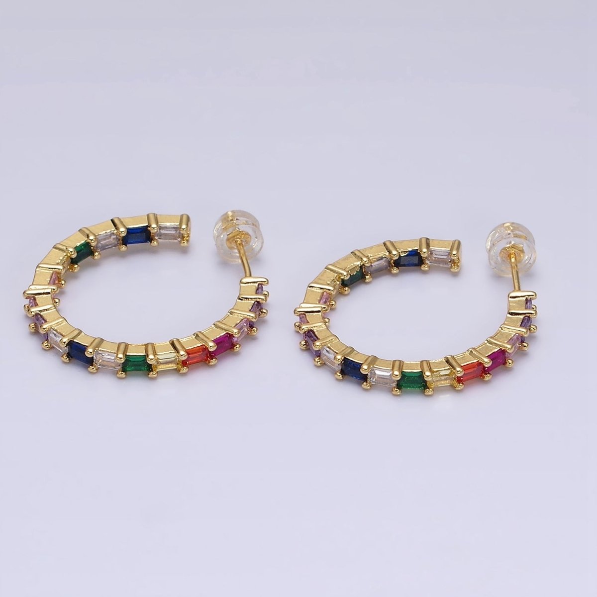 16K Gold Filled 25mm CZ Multicolor Baguette Lined Front-Facing C-Shaped Hoop Earrings | AD1160
