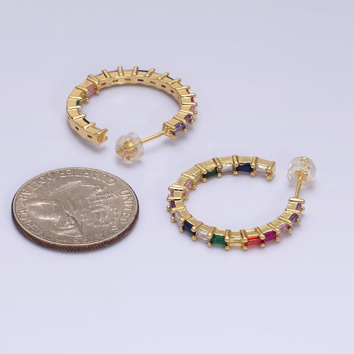 16K Gold Filled 25mm CZ Multicolor Baguette Lined Front-Facing C-Shaped Hoop Earrings | AD1160