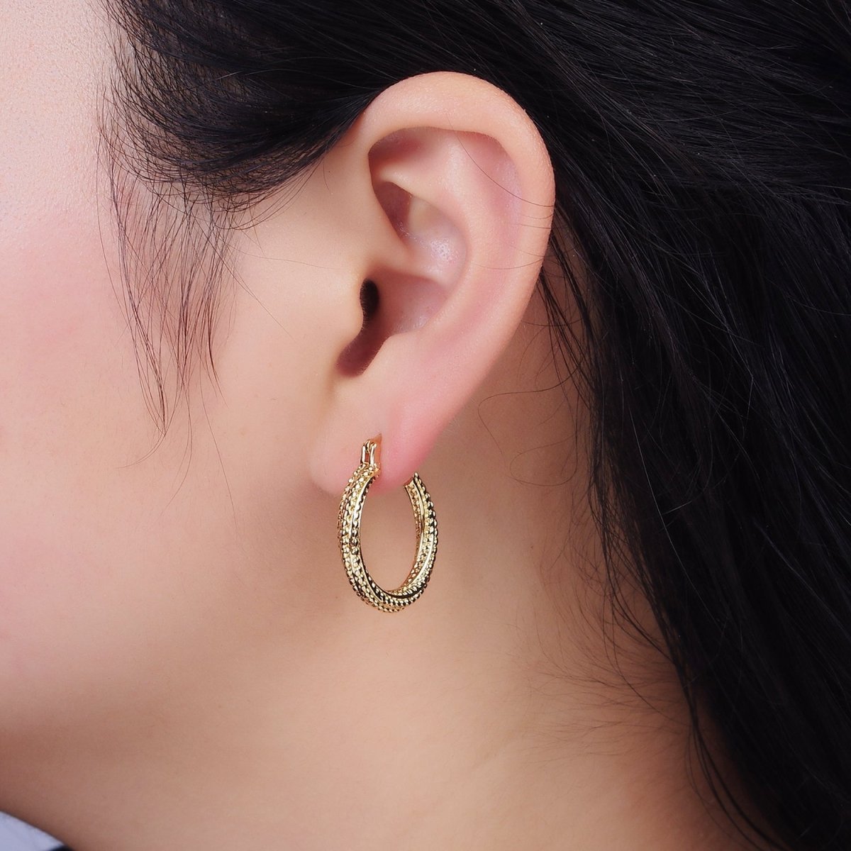 16K Gold Filled 25mm Dotted Braided Twist French Lock Latch Hoop Earrings | AE-601