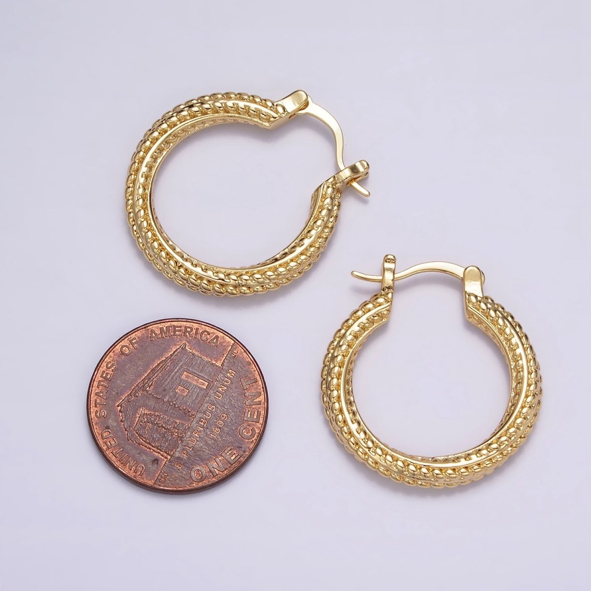 16K Gold Filled 25mm Dotted Braided Twist French Lock Latch Hoop Earrings | AE-601
