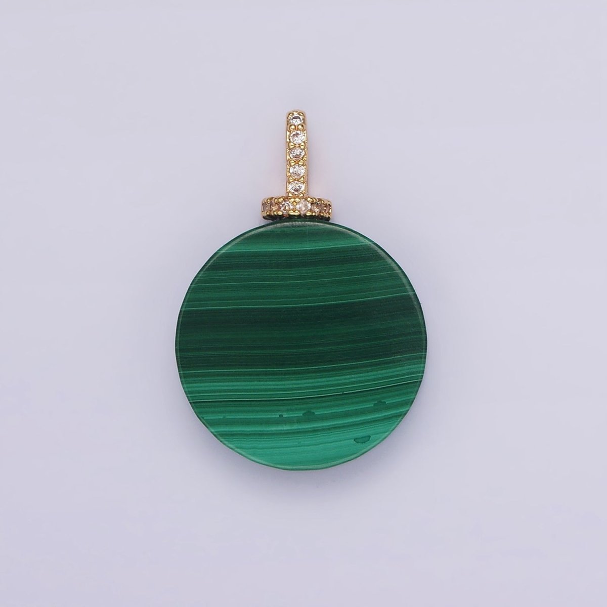 16K Gold Filled 25mm Green Malachite Round Clear CZ Micro Paved Bail Pendant | N1842