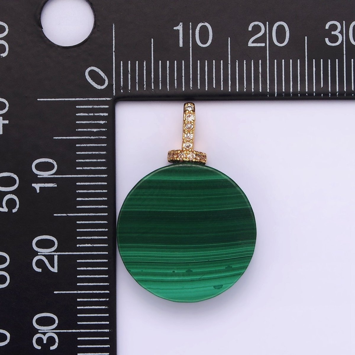 16K Gold Filled 25mm Green Malachite Round Clear CZ Micro Paved Bail Pendant | N1842