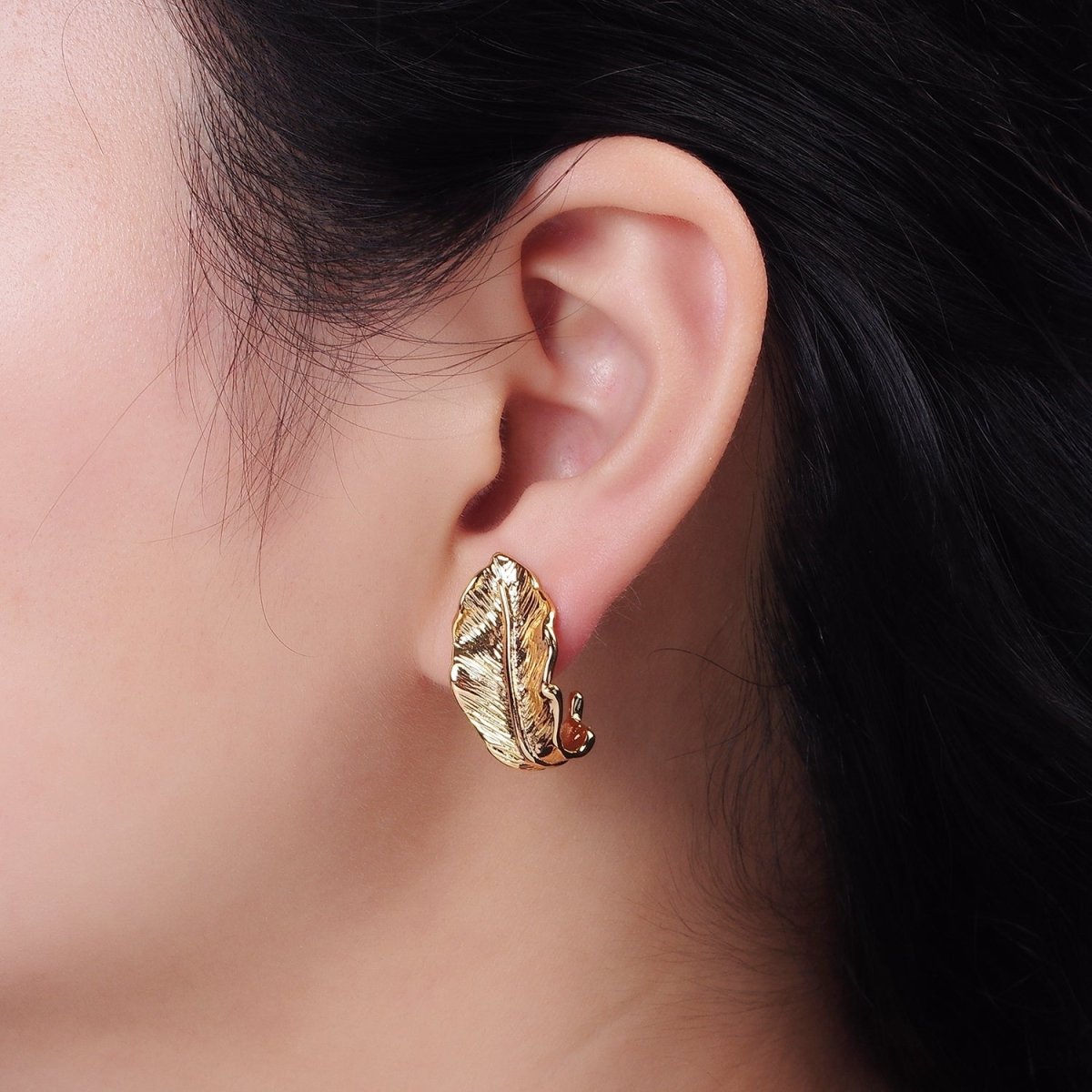 16K Gold Filled 25mm Nature Leaf Textured J-Shaped Hoop Earrings | AE889