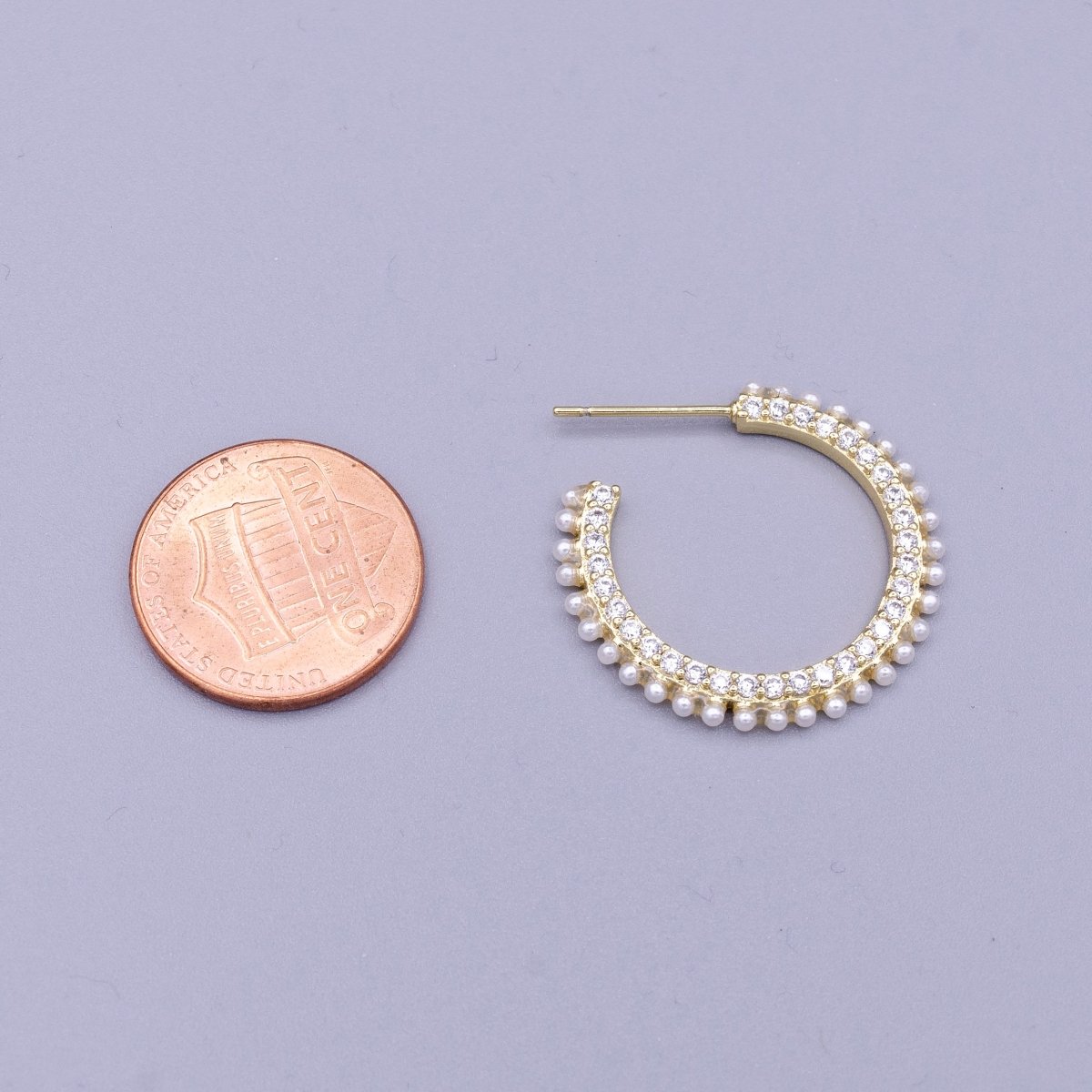 16K Gold Filled 25mm White Pearl Clear CZ Lined C-Shaped Hoop Earrings Set | AD1308